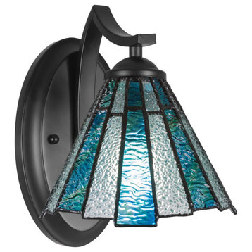 Zilo Wall Sconce Shown, Matte Black Finish With 7" Sea Ice Art Glass