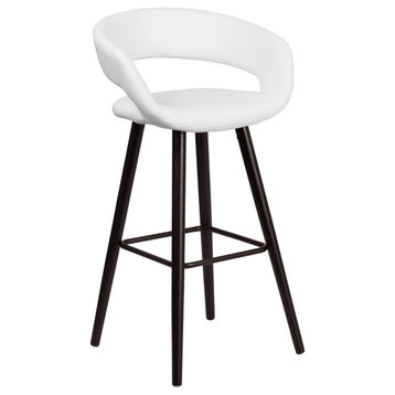 29" Brown Wood Bar Stool With Round Upholstered Bowl Style White Seat