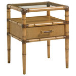 Tommy Bahama Home - Bayshore Night Table - Our smallest night table is ideal for intimate spaces or limited wall space. The inset glass top allows visibility to the open compartment above the single drawer. The woven raffia drawer front, sides, and back panel allow this table to set chairside for a conversation cove and it is ideal between the twin beds. The finishing touch is tapered legs with antique brass finished metal ferrules.