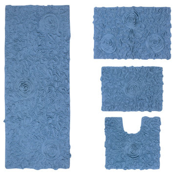 Bell Flower Collection Bath Rug, 4-Piece Set With Contour, Sky Blue