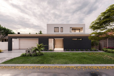 Foto de fachada de casa blanca y multicolor actual grande de dos plantas con tejado plano, revestimiento de ladrillo, tejado de metal y panel y listón