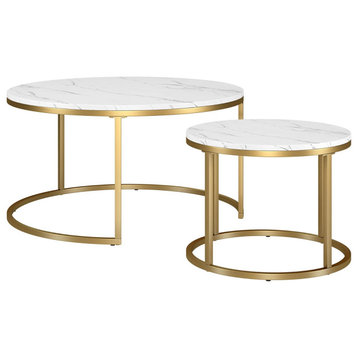 Set of 2 Glam Coffee Table, Open Golden Frame With Round White Faux Marble Top