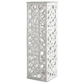 Solid Marble Carved Lattice Fretwork Pedestal Table, Square Tall White Stone