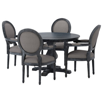 Bryan French Country Fabric Upholstered Wood 5-Piece Circular Dining Set, Gray