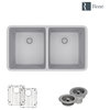 R3-1002-IVR Equal Double Bowl Composite Granite Sink, Pewter, Strainer and Flang