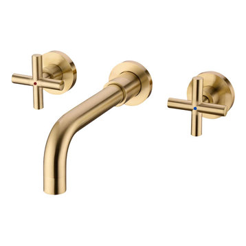 Two Handle Wall Mount Bathroom Sink Faucet with Rough-in Valve, Brushed Gold