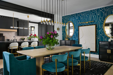 Mid-sized trendy light wood floor and wallpaper great room photo in Chicago with blue walls