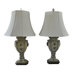 Pair of Painted Wood Lamps with Bird Design - Products