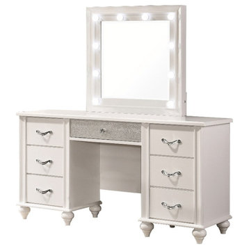 Pemberly Row 7-drawer Wood Vanity Desk with Lighted Mirror White
