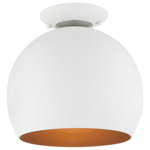 Livex Lighting - Livex Lighting 1 Light White Semi-Flush Mount - The clean and crisp Piedmont 1-light globe flush mount makes a contemporary statement with the smooth curve of its white finish shade. A gleaming gold finish on the interior of the metal shade brings a refined touch of style. A brushed nickel finish accent completes the look.