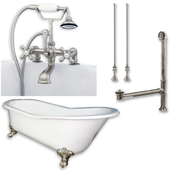 Cast Iron Slipper Clawfoot Tub, Brushed Nickel Plumbing Package, 67"x30"