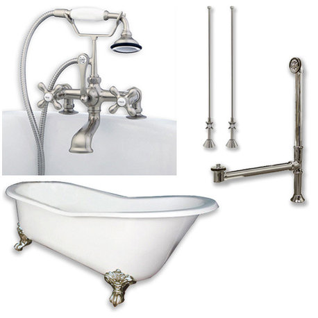 Cast Iron Slipper Clawfoot Tub, Brushed Nickel Plumbing Package, 67"x30"