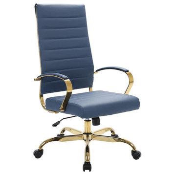 LeisureMod Benmar High-Back Leather Office Chair With Gold Frame Navy Blue