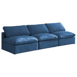Meridian Furniture - Plush Velvet / Down Standard Comfort Modular Sofa, Navy, 3-Piece: 3 Armless Chair - No matter how big or little the size of your gang, they can all find their sweet spot when you choose pieces from the Plush collection to build your ideal seating group. Choose this individual Plush piece or pair multiple pieces together to get the custom look everyone will love. The soft navy velvet material is soft and welcoming to the touch, and the set's cushions are overstuffed with a down and feather blend to provide ample support for tired bodies.