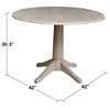 42" Round dual drop Leaf Pedestal Table - 30.3 "H, Washed Gray Taupe