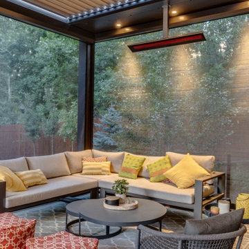 StruXure Adjustable Pergola Over Seating Area with Phantom Motorized Screens