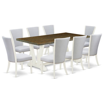 East West Furniture V-Style 9-piece Wood Dining Set in Linen White/Gray