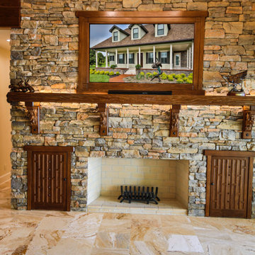 Custom Living Room Fireplace with Stone work Custom Wood Mantle