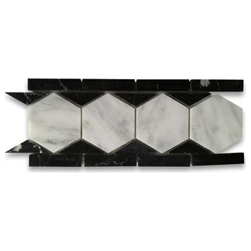 White Carrara Marble 3" Hexagon Mosaic Border Listello Tile Polished, 1 sheet
