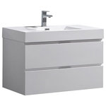 Fresca - Valencia Wall Hung Bathroom Vanity, Glossy White, 36" - The Fresca Valencia Wall Hung Modern Bathroom Vanity is the ideal starting point for creating an elegant and modern bathroom. The rectangular vanity offers great storage with two soft-closing drawers, just perfect for organizing all of your daily essentials. The drawers feature concealed aluminum handles and the cabinet has a stylish Glossy White finish. The white acrylic-resin countertop/sink has smooth lines and a thick profile. It is equipped with an overflow and single hole faucet mount. This lovely vanity is available in multiple sizes and makes a stylish statement in any home.