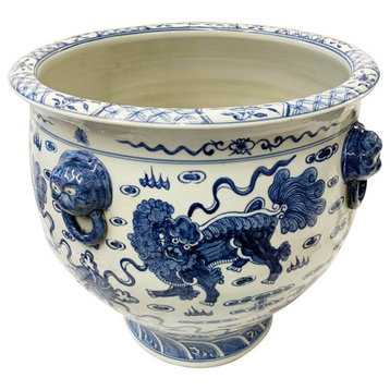 Chinese Blue and White Fu Dog Porcelain Planter With Carved Lion Handle