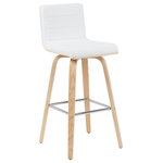 Armen Living - Vienna Swivel Bar Height Stool With White Faux Leather and Patterned Oak - Elevate your kitchen, bar, or dining area with the Vienna Swivel Stool Collection ' a modern essential that combines mid-century charm with functional comfort. Designed for daily use and entertaining alike, Vienna's 360-degree swivel and armless frame provide effortless movement and easy conversation flow. The gently curved backrest supports posture alignment while keeping the profile sleek and space-saving. The Vienna stool is built on a strong wood frame with four splayed legs and a square steel footrest for added durability and a clean, modern edge. The seat and backrest are generously padded with high-density foam and finished in your choice of smooth vegan leather or performance fabric for elevated comfort and easy maintenance. Originally offered in a walnut finish with cream, brown, or gray vegan leather, and a black brushed finish with gray vegan leather, the collection now features even more design-forward combinations. Explore updated variants including snow white vegan leather with walnut, black brushed, or patterned oak finishes; vintage-inspired blue, green, and black tones paired with walnut finish frames; and bold red or soft gray performance fabrics on brushed or patterned wood finishes. Available in both counter height and bar height, Vienna offers a versatile range of styles to suit your space. With its timeless look and enduring quality, this collection brings warmth, elegance, and comfort to any interior.