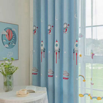 Children Chenille Embroidered Cute Astronaut Blue Eyelet Ready Made Curtains