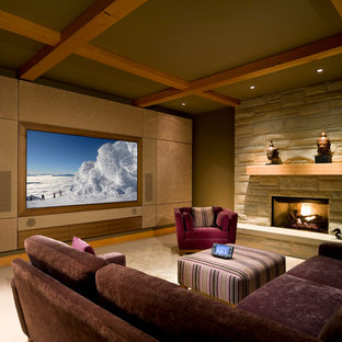 Medium sized traditional enclosed home cinema in Vancouver with green walls and a projector screen.