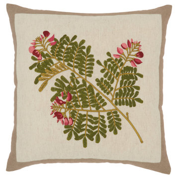 Mina Victory Silk Embroidery Botanical Green Throw Pillow, 18"x18"