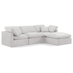 Meridian Furniture - Indulge Upholstered Modular L-Shaped Sectional, Cream, 4-Piece: 1 Armless Chair, 2 Corner Chair, 1 Ottoman, Down Stuffed Velvet - Experience ultimate comfort and style with our cream velvet Indulge Sectional. The luxurious velvet will elevate the aesthetic of any room. This sofa provides ample space for you to relax while its modular build offers the option of unlimited configurations. Whether you're looking to add a stylish element to your living room or a comfortable seating option to your bedroom, this sofa is the perfect choice.