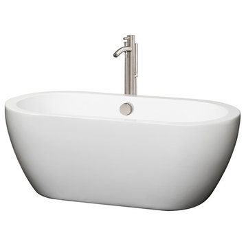 60" Freestanding Tub, White, Floor Mounted Faucet, Overflow, Brushed Nickel