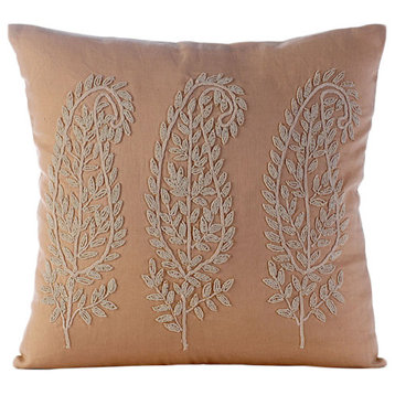Beaded Indian Paisley 16x16 Cotton Linen Beige Cushion Covers, Linen & Paisleys