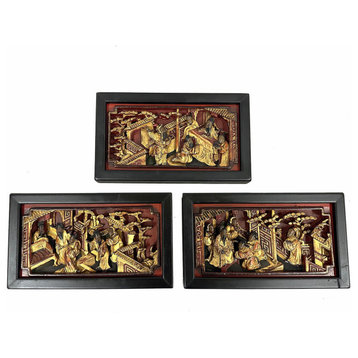 Consigned 19th Century Chinese 3d Carving Wood Panels Set of 3