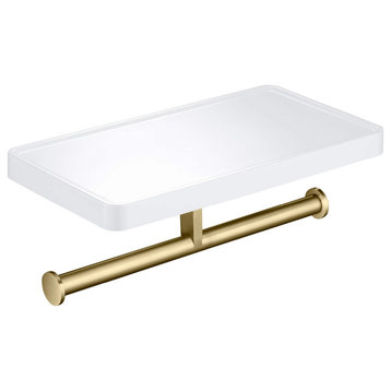 Deco Bathroom Toilet Paper Holder Double Roll With Shelf, Brushed Gold