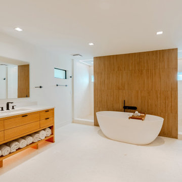 His and Hers Custom Built Vanity With Sleek Storage and Natural Wood Finish