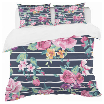 Pink and Purple Flowers On Striped Abstract Duvet Cover, Twin