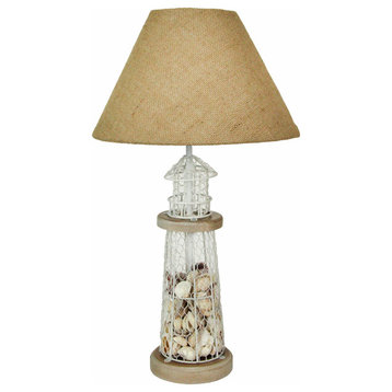 White and Grey Metal Mesh Seashell Filled Lighthouse Table Lamp with Cone Shade