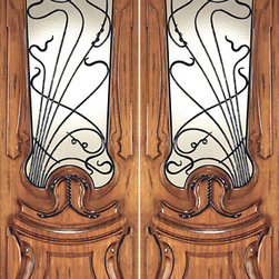 AN-20014-2 Mahogany Hand Carved French Art Nouveau Forged Iron Glass Double Door - Windows And Doors
