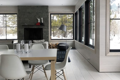 Great room - large scandinavian light wood floor and gray floor great room idea in New York with gray walls, a standard fireplace and a stone fireplace