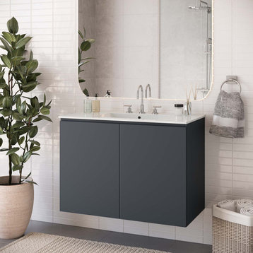 Sink Vanity Cabinet, Wall Mount, White Gray, Ceramic, Modern, Bathroom