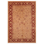 Bareens Designer Rugs - Shabby Chic Ziegler Michal Brown Red Hand-Knotted Wool Rug - 6'1'' x 9'0'' - Enhance the ambiance of your home with this magnificent Persian-influenced Turkish hand-knotted rug made by skilled artisans capable of creating the most exceptional vegetable dyes and hand-spun wool. This exquisite handmade rug is a one-of-a-kind Peshawar Kafkaz, otherwise identified as Chobi, Chobi Peshawar, Oushak, or Ziegler rug. These handmade rugs are crafted in Pakistan utilizing superior-quality wool imported from Australia, New Zealand, and Korea in two types of weaves: the Persian weave and the Mori weave. This rug is meticulously crafted by hand using the finest natural vegetable dyes extracted from local plants. The artisans use a blend of hand-spun local and fine merino wool, resulting in a rug with a compelling texture, higher lanolin content, and longer staple. The artisans occasionally incorporate natural or artificial silk into the pile to enhance specific motifs. The finished product is an awe-inspiring execution of flawless design and an understated palette that exudes elegance.