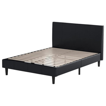 Modern Platform Bed, PU Leather Headboard With Vertical Stitched Tufting, King