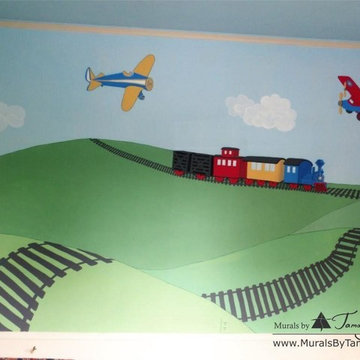 Boy's room mural with Airplanes and a Choo-choo train