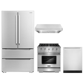 4 Piece, 30" Gas Range 30" Range Hood 24" Dishwasher & Refrigerator