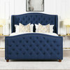 Marcella Upholstered Tufted Shelter Wingback Panel Bed, Dark Sapphire Blue Polyester, Queen
