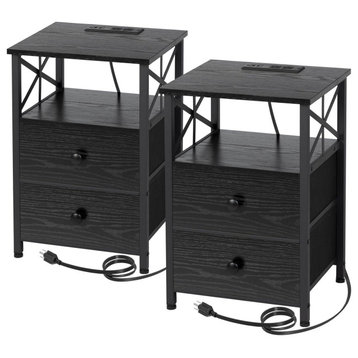 Set of 2 Nightstand, Storage Drawers & Shelf With Charging Station