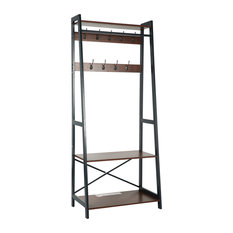 BELLEZE 70 Industrial Bench Hall Tree Entryway Storage Shelf Coat Rack Metal Frame Stone Gray