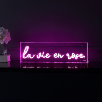 La Vie En Rose 20" X 6" Acrylic Box USB Operated LED Neon Light, Pink