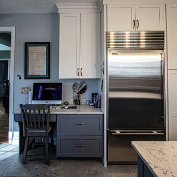 Two Tone Medallion White and Blue Kitchen with Gray Backsplash