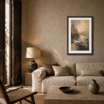 Morning on the Channel Framed Art in a Neutral Living Room